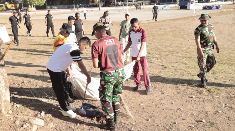 Peduli Lingkungan Yang Bersih dan Sehat, Polres Belu bersama TNI dan Brimob Gelar Kerja Bakti Sambut HUT TNI ke 79