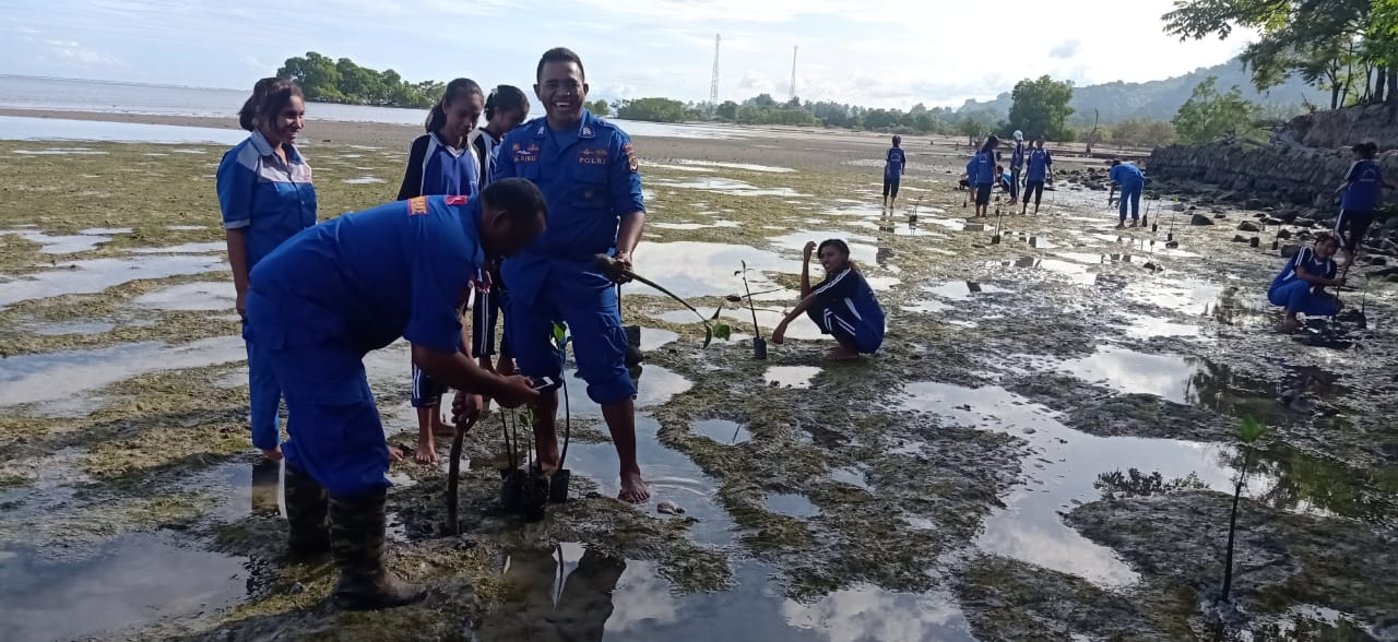 Peduli Lingkungan dan Kelestarian Alam, Sat Pol Airud Polres Belu Gandeng Pelajar Tanam Mangrove di Pesisir Pantai Atapupu